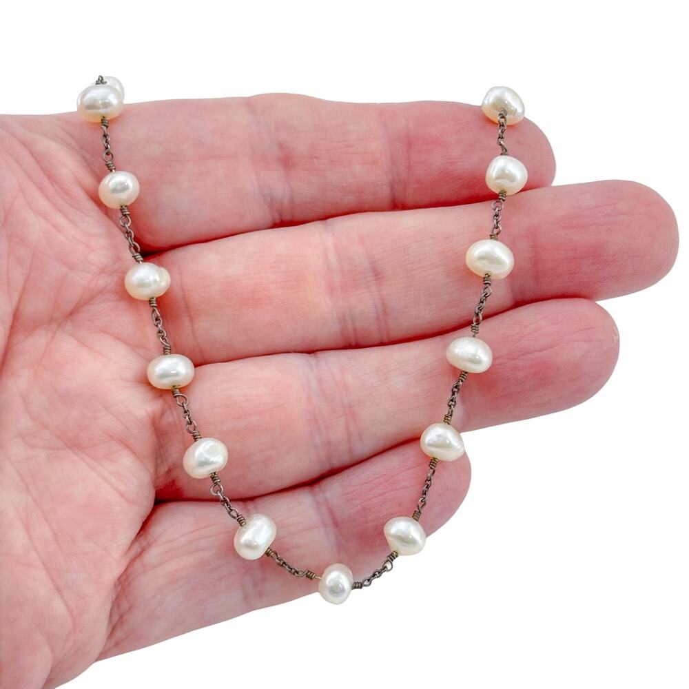 Vintage Sterling Silver 925 Pearl Station Necklace 18"